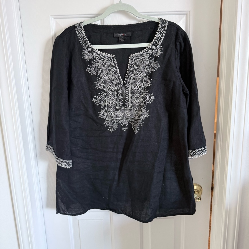 100% Linen Style & Co. Black Tunic with Sequins and White Embroidery
